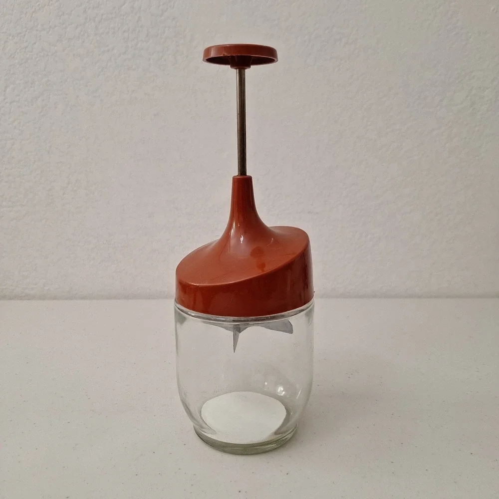 Vintage Gemco Glass Jar Nut and Food Chopper Red Brown Lid
